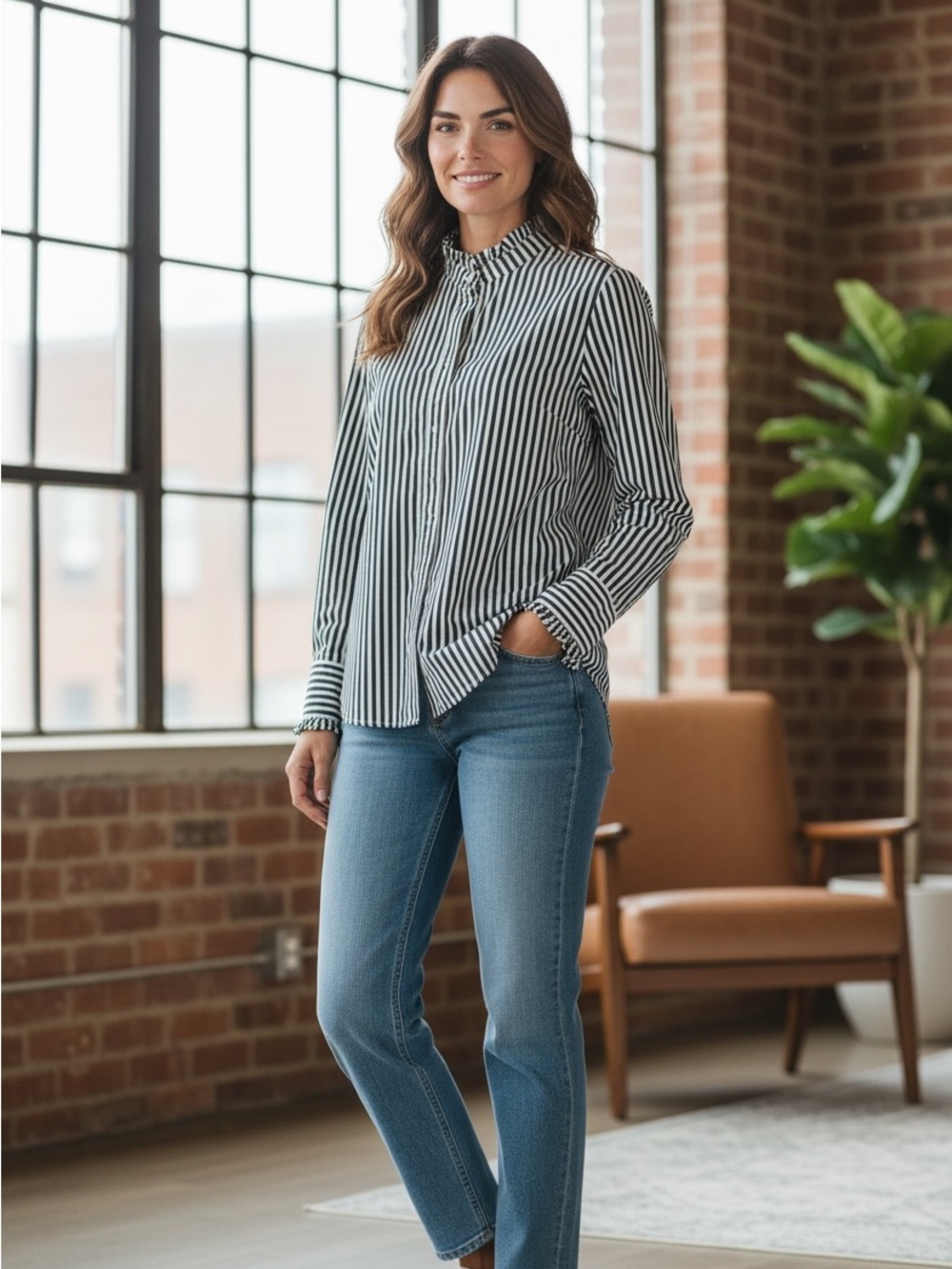 H&M Black & White Vertical Stripe Ruffle Collar Blouse size 6
